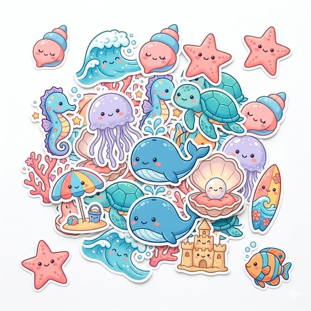 Kawaii Ocean Sticker Pack | 25pcs Waterproof Vinyl Decals (laptop ...