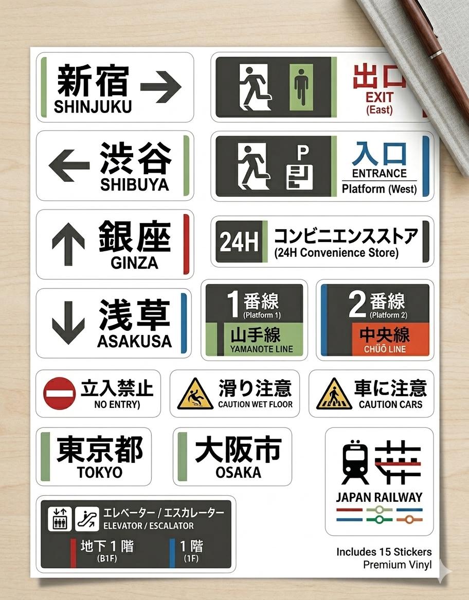 Japanese Storefront Sticker Japanese Street Signs Sticker Pack | Minimal Kanji Tokyo Subway Style ...