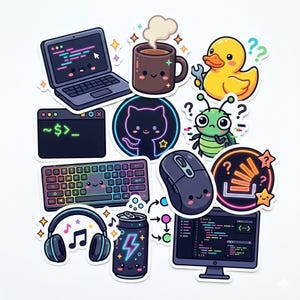 May include: A collection of colorful stickers featuring a laptop, coffee mug, rubber duck, cat, keyboard, mouse, headphones, soda can, and computer monitor. Each sticker has a cute, cartoon-like design with a white background.