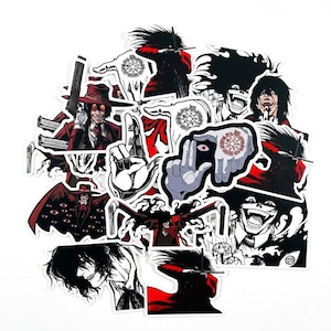 May include: A collection of anime-style stickers featuring a character in various poses. The stickers are primarily black, white, and red, with detailed illustrations of the character's face, hands, and attire. Some stickers include guns and symbols.