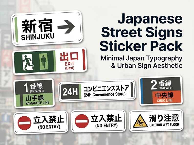 Japanese Street Signs Sticker Pack | Minimal Kanji Tokyo Subway Style ...