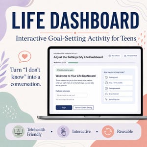 May include: A digital Life Dashboard interactive goal-setting activity for teens displayed on a laptop screen. The interface includes a welcome message, a nickname input field, and a mood tracker with options like feeling good or stressed.