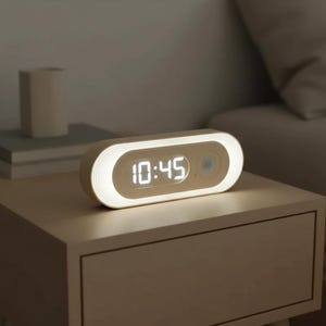 May include: A beige digital alarm clock displaying 10:45, with a glowing white border and a small circular button. The clock is on a light-colored nightstand, with a stack of books and a small cylindrical object in the background.