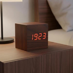 Wood-Look Digital Alarm Clock with LED Display, Voice Activated or Constant On, USB or Battery Desk Clock, Temperature Display