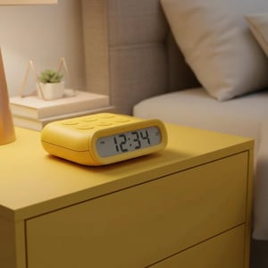 May include: A yellow digital alarm clock showing 12:34 PM. The clock has a rectangular shape with rounded edges and buttons on top. It rests on a yellow bedside table. A small plant and books are visible in the background. The clock is likely made of plastic.