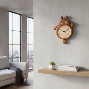 May include: A brown wooden wall clock in the shape of a cartoon character with a light wood clock face. The clock has black hands and is mounted on a light gray wall. A small shelf below holds a plant and books.