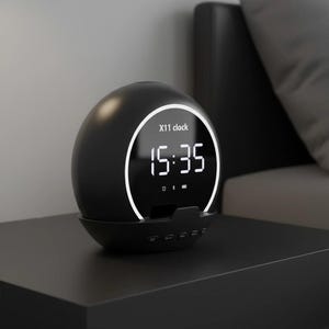 May include: A black, spherical X11 clock displaying the time 15:35 in white digital numbers. The clock has a circular white light around the display and sits on a black surface. The clock has several buttons at the base.