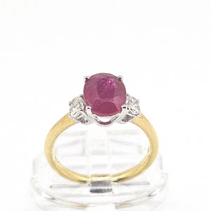 18ct Gold Ruby & Diamond Three Stone Ring | 1.25ct Ruby 0.50ct Diamonds | Oval Ruby Engagement Ring | Size K