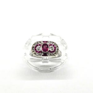 Art Deco Ruby & Diamond Ring 18ct Gold | Vintage Panel Cluster Ring | 0.55ct Ruby 0.30ct Diamonds | Size H