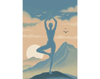 Tree Pose Yoga Poster | Meditation Wall Art | Sunrise Mountain Spiritual Decor