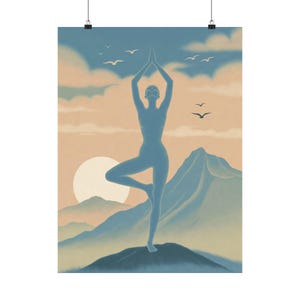 Tree Pose Yoga Poster | Meditation Wall Art | Sunrise Mountain Spiritual Decor image 2