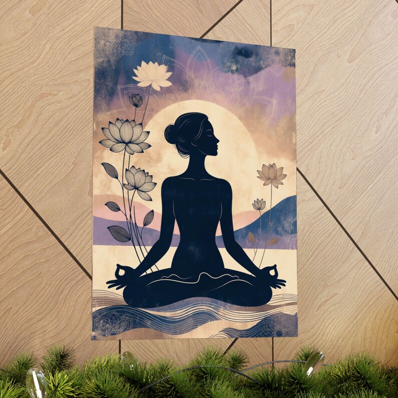 Meditation Silhouette Poster | Yoga Wall Art | Lotus Flower Spiritual Decor image 6