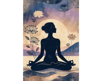 Meditation Silhouette Poster | Yoga Wall Art | Lotus Flower Spiritual Decor