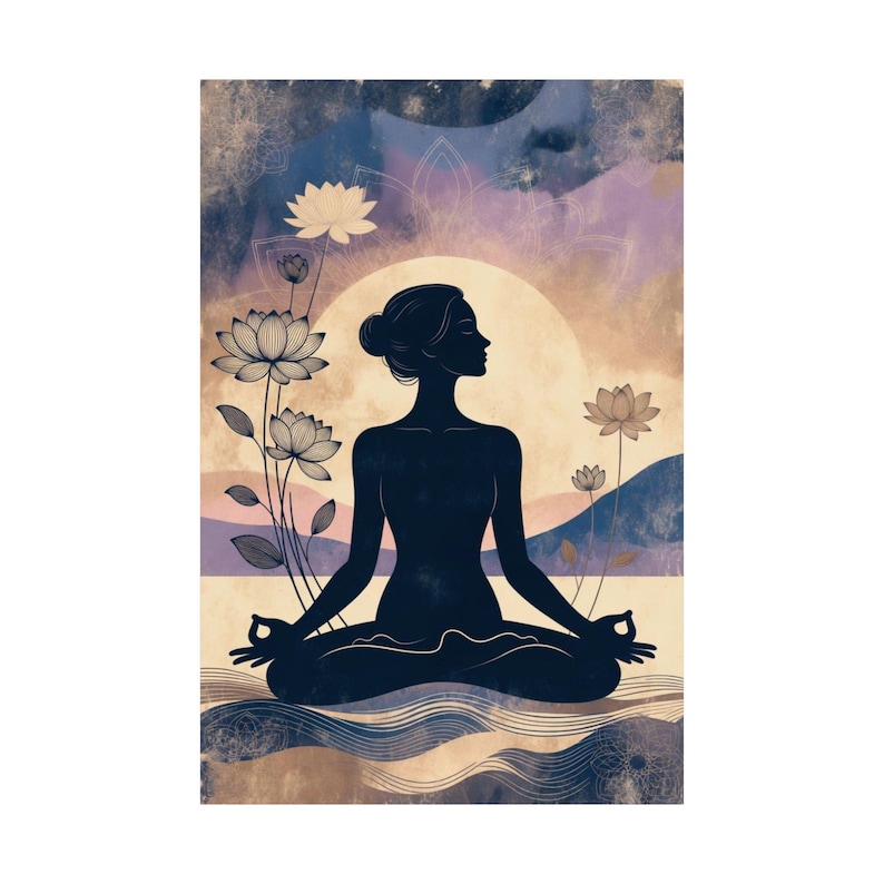 Meditation Silhouette Poster | Yoga Wall Art | Lotus Flower Spiritual Decor image 1