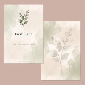 K&ouml;nnte beinhalten: Zwei rechteckige Karten mit sanften salbeigr&uuml;nen Aquarellverl&auml;ufen und feinen Strichzeichnungen von belaubten Zweigen. Die linke Karte zeigt den Text First Light, One Quiet Question at a Time und Eden's Corner in dunkelgrauer Serifenschrift.