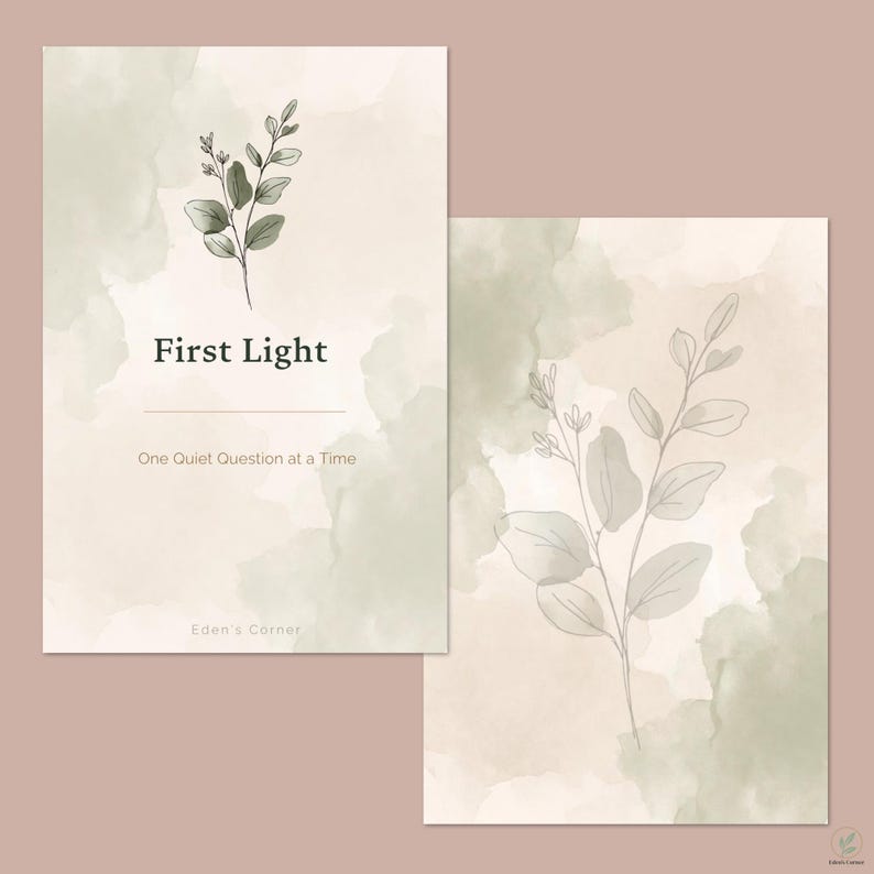 K&ouml;nnte beinhalten: Zwei rechteckige Karten mit sanften salbeigr&uuml;nen Aquarellverl&auml;ufen und feinen Strichzeichnungen von belaubten Zweigen. Die linke Karte zeigt den Text First Light, One Quiet Question at a Time und Eden's Corner in dunkelgrauer Serifenschrift.