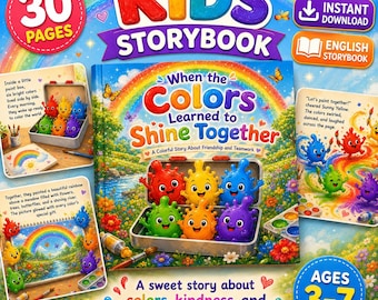 Libro de cuentos infantiles en PDF, libro imprimible para niños sobre colores, amistad y trabajo en equipo, descarga digital.