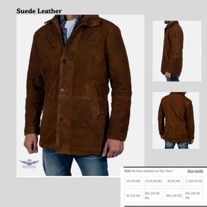 May include: A brown suede leather jacket with a button-up front, collared neckline, and two front pockets. The jacket is displayed from multiple angles, including front, side, and back views. The text "Suede Leather" is at the top of the image.
