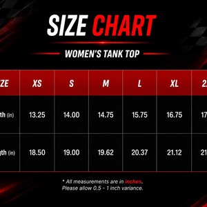 Puede incluir: Tabla de tallas para una camiseta sin mangas de mujer, con medidas en pulgadas. La tabla incluye tallas XS a 2XL, detallando ancho y largo. El texto es blanco sobre un fondo negro y rojo.