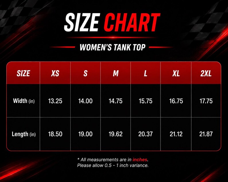 Puede incluir: Tabla de tallas para una camiseta sin mangas de mujer, con medidas en pulgadas. La tabla incluye tallas XS a 2XL, detallando ancho y largo. El texto es blanco sobre un fondo negro y rojo.