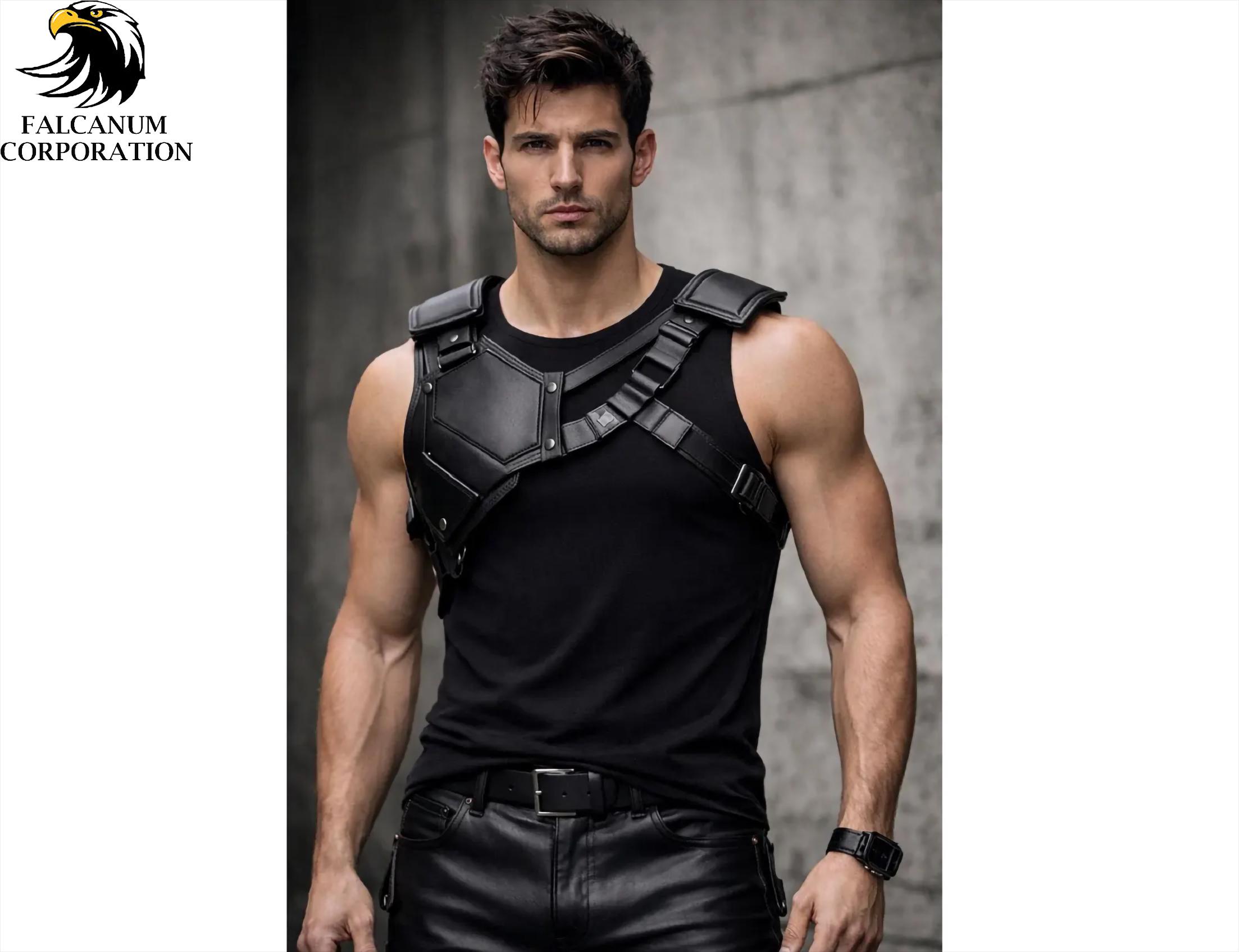 Futuristic PM Leather Shoulder Harness for Men - Adjustable Chest-Armour-Style Accessory Cosplay Streetwear