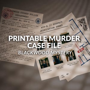 Puede incluir: Un archivo de caso de asesinato imprimible titulado Blackwood Mystery que incluye un documento de la policía del condado de Blackwood, una hoja de identificación de sospechosos con cinco fotos y un plano de Blackwood Manor con un código QR.