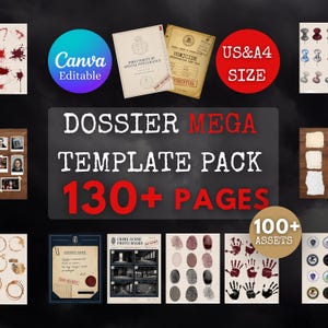 May include: A digital dossier mega template pack featuring over 130 pages and 100 assets. Includes Canva editable files, US and A4 size options, crime scene photo boards, fingerprint graphics, handprints, coffee stains, and secret note documents.