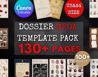 May include: A digital dossier mega template pack featuring over 130 pages and 100 assets. Includes Canva editable files, US and A4 size options, crime scene photo boards, fingerprint graphics, handprints, coffee stains, and secret note documents.