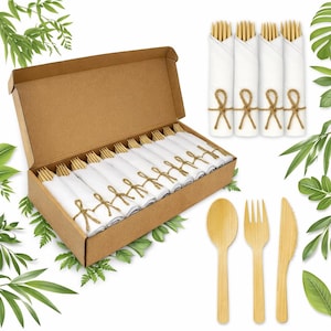 Bamboo Cutlery Set with Napkins - 30 Pack Disposable Utensils - Wrapped Wooden Fork Spoon Knife Set for Party, Picnic, Wedding & Travel