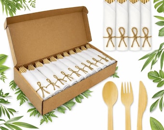 Bamboo Cutlery Set with Napkins - 60 Pack Disposable Utensils - Wrapped Wooden Fork Spoon Knife Set for Party, Picnic, Wedding & Travel