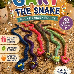 May include: A collection of colorful, 3D-printed toy snakes, each with a unique color gradient. The snakes have cartoonish faces with large eyes and open mouths. The text "GARY THE SNAKE" is displayed at the top, with additional text promoting the toy's features.