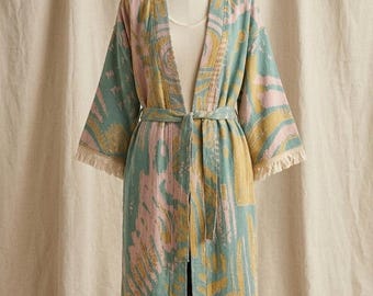 Bata kimono de muselina orgánica, pareo de playa estilo bohemio, caftán de algodón turco.