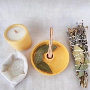 Spiritual Cleansing Ritual Set | Handcrafted Concrete Candle & Incense Holder | Certified Peru Palo Santo | Sage Smudge Kit
