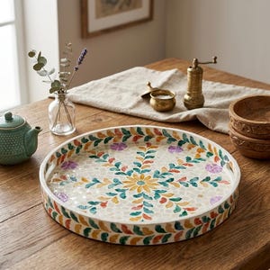 Handmade Inlay Dekorative Runde Tablett | Blumenmosaik Couchtisch Dekor | Einzigartiges Housewarming-Geschenk