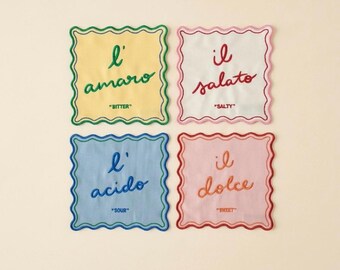 Embroidered Linen Cocktail Napkins, Italian Aperitivo Scalloped Coasters (Set of 4)