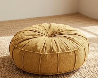 Puf plisado de algodón color amarillo mostaza / Cojín redondo de meditación estilo bohemio para el suelo (65 cm)