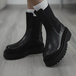 Handmade Black Leather Platform Ankle Boots, 6.5cm Platform, Women's Urban Winter Style