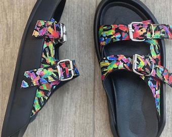 Colorful Sandals Pattern Leather, 3cm Platform Slides, Double Buckle Summer Shoes