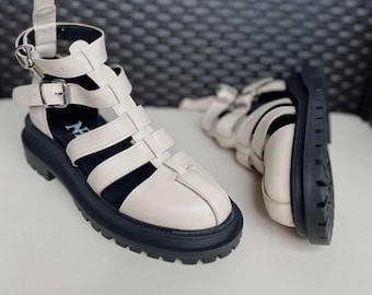 Beige Leather Fisherman Sandals, Women's Platform Lug Sole Shoes