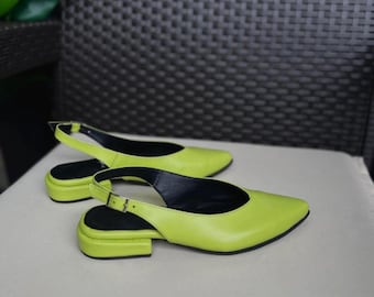 Lime Grün Leder Ballerinas, spitze Toe Slingbacks, Neon Low Heel Pumps, handgemachte Sommerschuhe