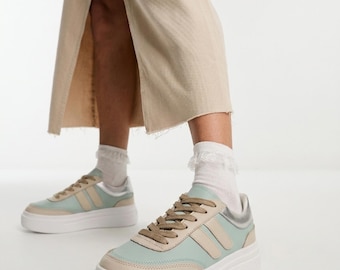 Full Grain Leather Sneakers, Sage Green & Cocoa Shoes, Spring Summer Platform Footwear Shoes