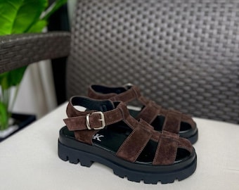 Brown Suede Platform Sandals, Handmade Turkish Leather Shoes, 2 Inch Chunky Snadals