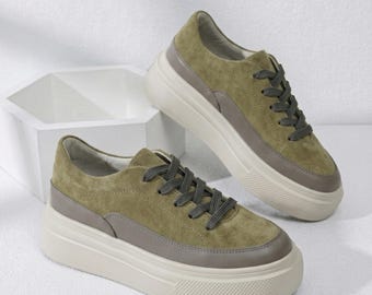 Zapatillas verde salvia - Zapatillas de plataforma de ante hechas a mano con suela de EVA de 4 cm