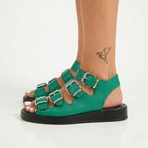 Green Leather Buckle Sandals, Four Strap Chunky Platform, Turkish Genuine Leather Shoes