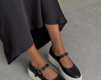 Black Leather Platform Mary Janes, Chunky EVA Sole Loafers, Comfort Flats Shoes