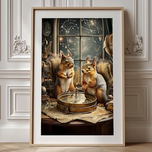 May include: Framed artwork featuring two anthropomorphic squirrels in a study. They are positioned near a window with a starry night view. The squirrels are near a table with a compass and maps. The artwork is in a light wood frame.