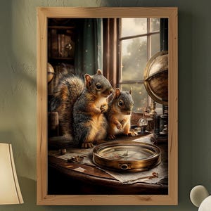 May include: A framed print depicts two squirrels observing a compass on a table. The print is in a room with a lamp, teddy bears, and other toys on a wooden shelf. The print has a wooden frame and is set against a green wall.