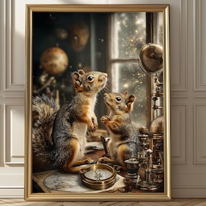 May include: A framed print depicting two squirrels in a detailed, vintage-style scene. The squirrels are the focus, surrounded by antique globes, compasses, and scientific instruments. The artwork is set in a room with a window and a wooden floor.