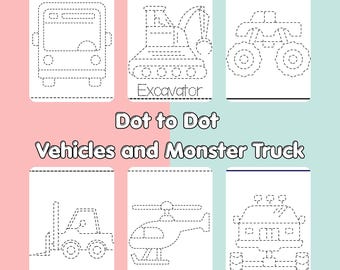 Punkt-zu-Punkt-Fahrzeuge Arbeitsbuch für Kinder, Bleistift-Kontrolle-Ablaufverfolgungspraxis, Monstertruck- und Autos-Übungsbuch, 36 druckbare Seiten