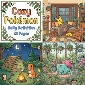 Könnte beinhalten: Eine farbenfrohe Illustration eines "Cozy Pokémon"-Aktivitätsbuchs mit 20 Seiten. Das Bild zeigt Szenen von Pokémon-Charakteren in gemütlichen Umgebungen, darunter ein Wohnzimmer, ein Campingplatz und ein Gewächshaus.